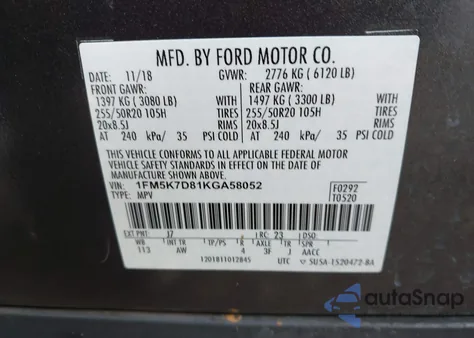 2019 Ford Explorer Xlt из США, поврежденный, VIN 1FM5K7D81KGA58052